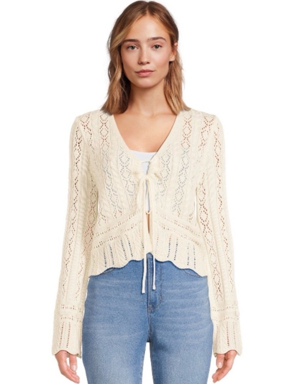Crochet Pointelle Long Sleeve Open Knit Cardigan Boho Beach Coverup Size Large